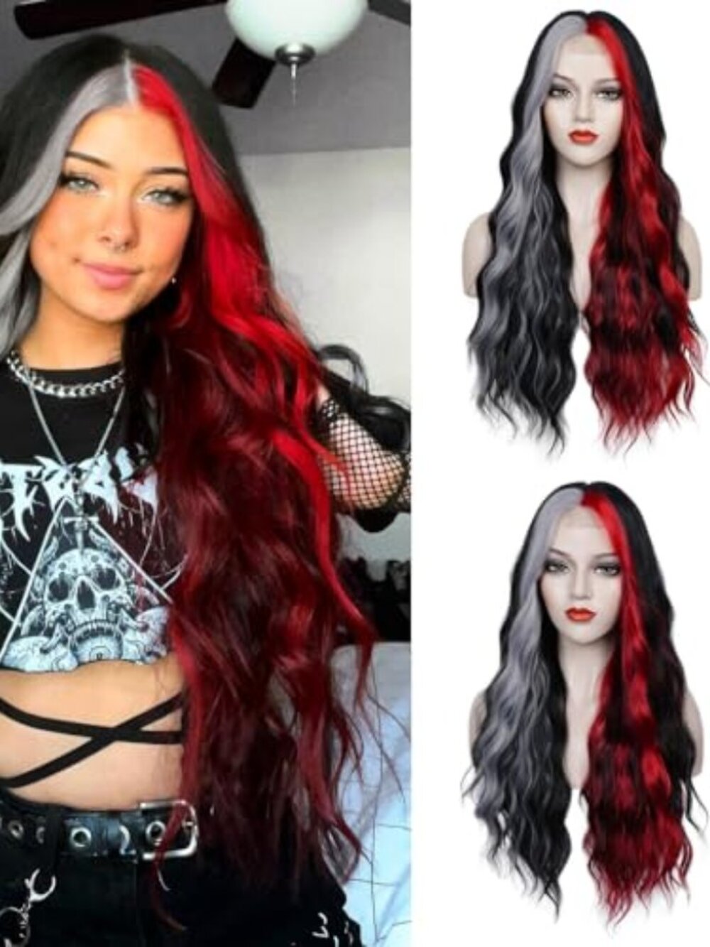 Black Red Gray Wig 28 Inches Long Black Red Wavy Wigs For Women‎ Synthetic Hair